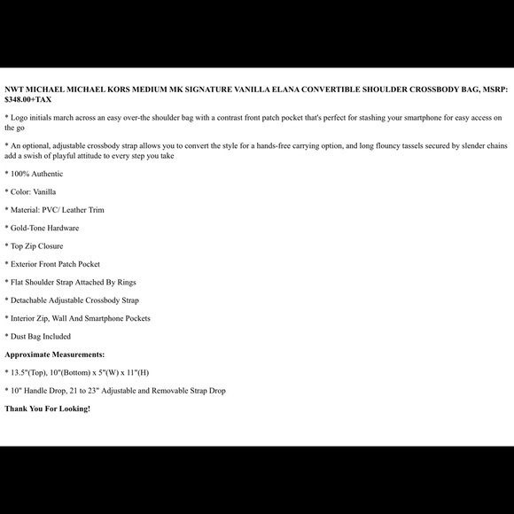 NWT Michael Kors MK Signature Vanilla Elana Convertible Shoulder Bag - Picture 15 of 15